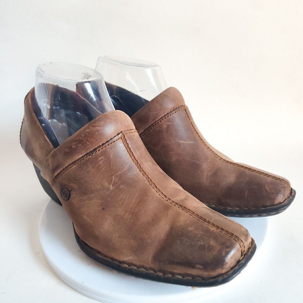 Born Brown Tan‎ Leather Comfortable Square Toe Comfort Shooties Clogs Size 7.5